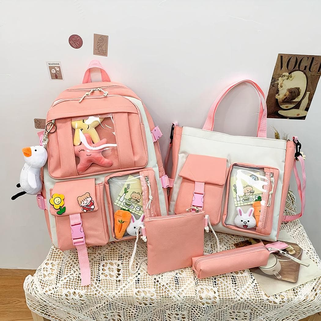 Sac à dos en tissu Oxford quatre pièces avec porte-clés peluche - rose