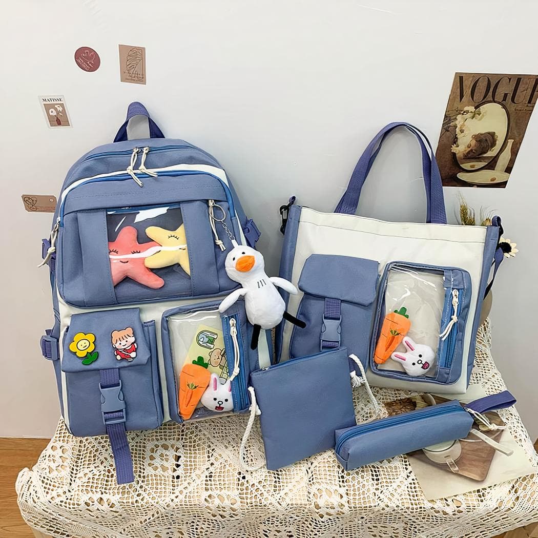 Sac à dos en tissu Oxford quatre pièces avec porte-clés peluche - bleu