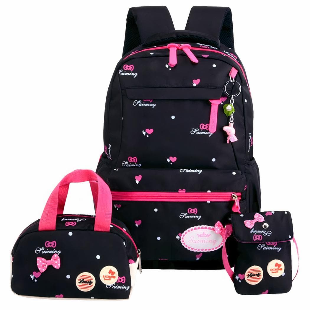 Sac à dos noir et rose avec deux petits sacs assortis - noir