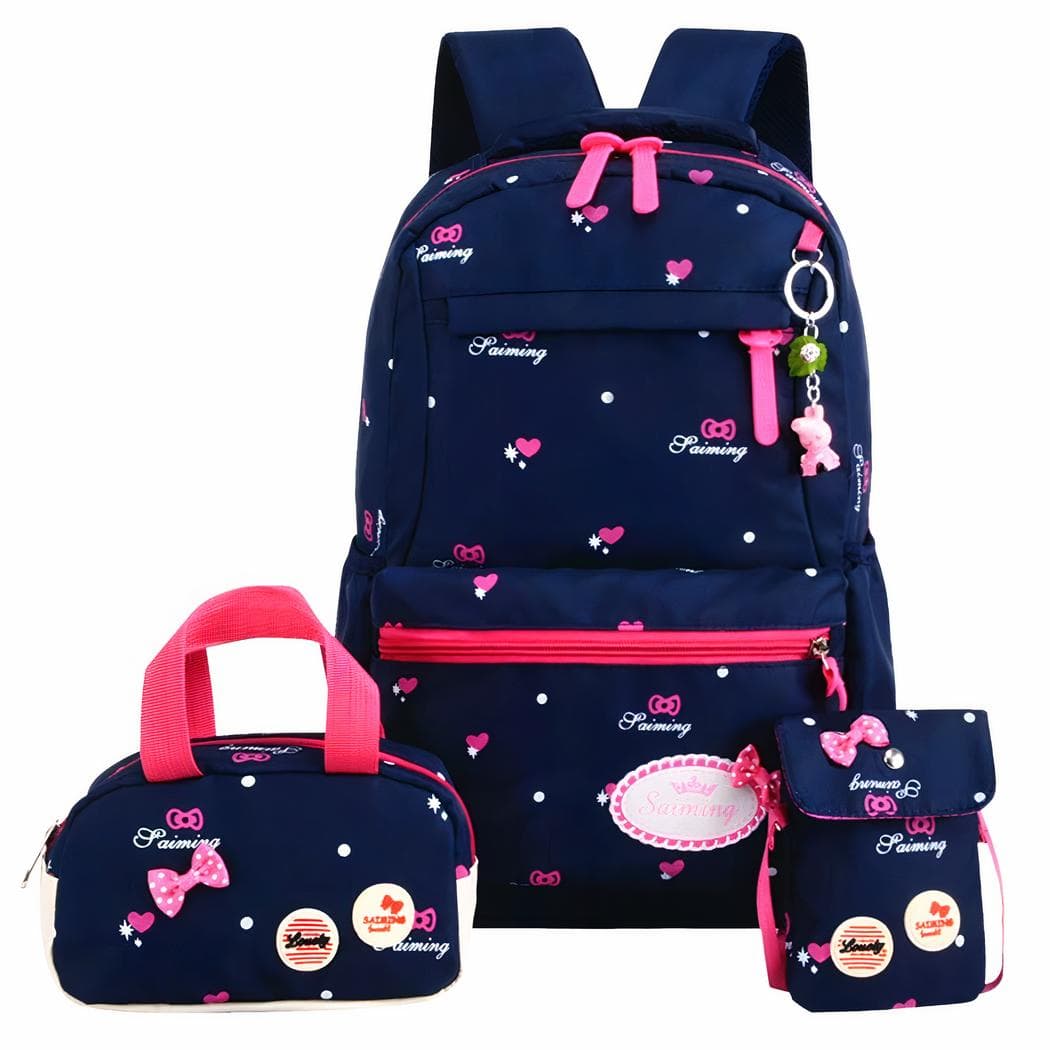 Sac à dos noir et rose avec deux petits sacs assortis - bleu