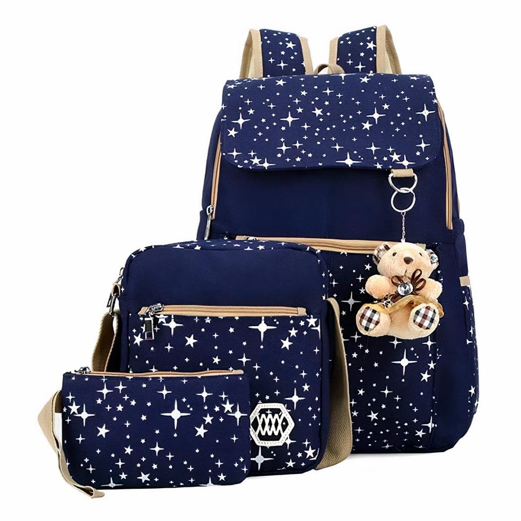 Sac à dos motif étoile avec porte-clés ours - bleu