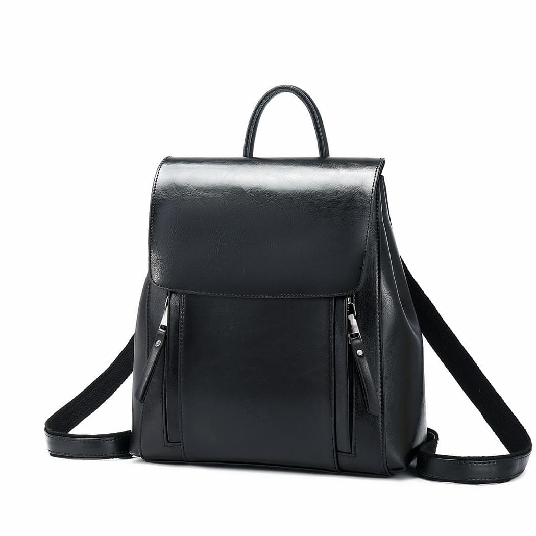 Sac à dos à bandoulière en cuir véritable pour femme - noir