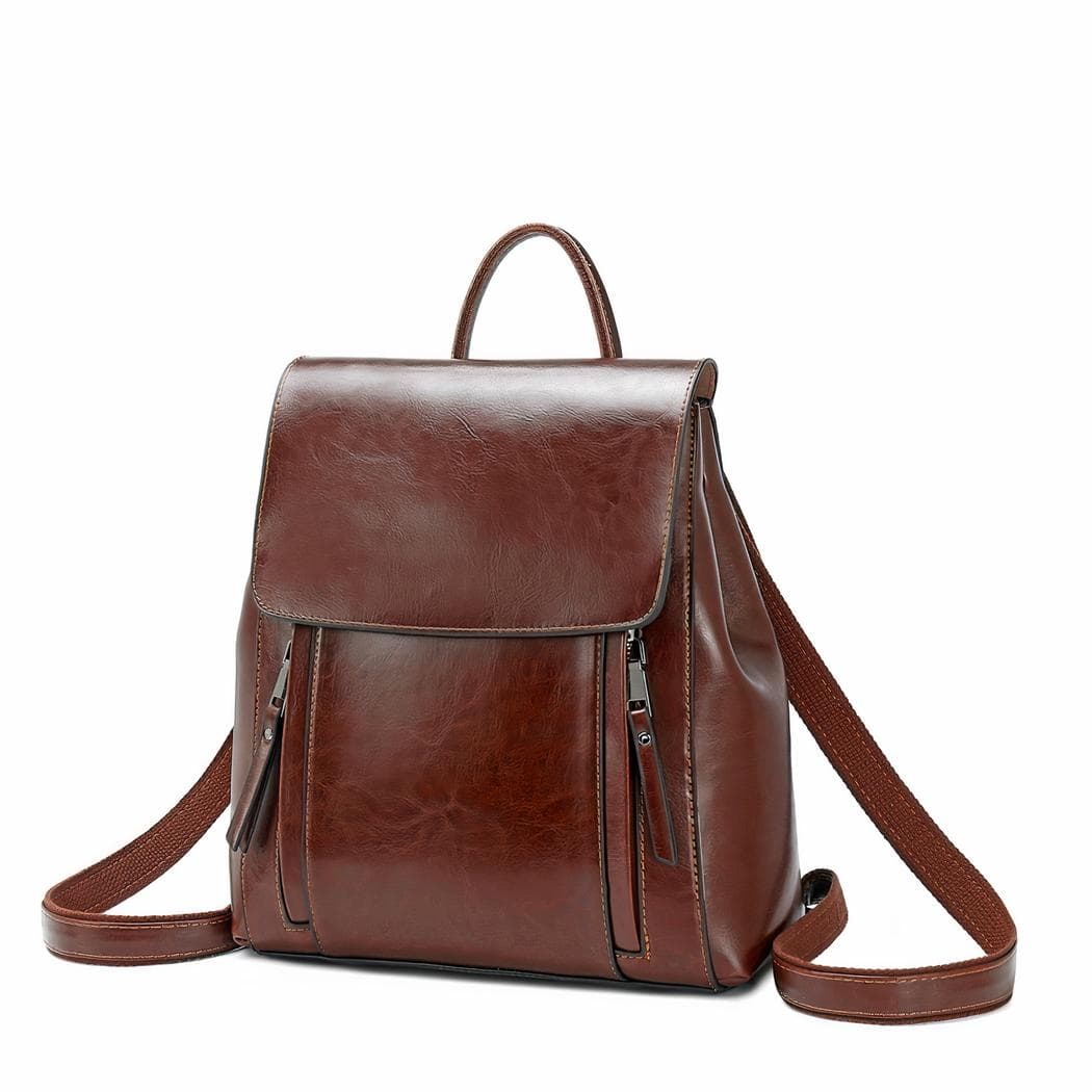 Sac à dos à bandoulière en cuir véritable pour femme - marron