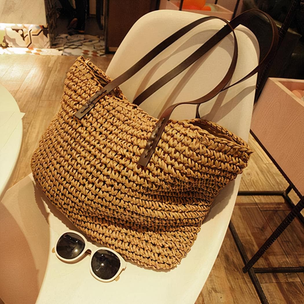 Sac de plage bohème en paille tressée pour femme - marron