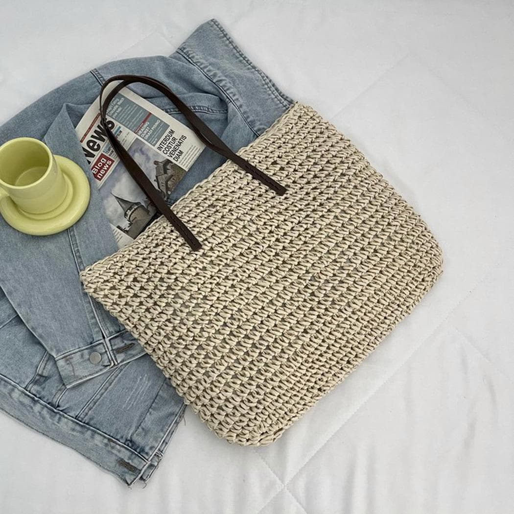 Sac de plage bohème en paille tressée pour femme - beige