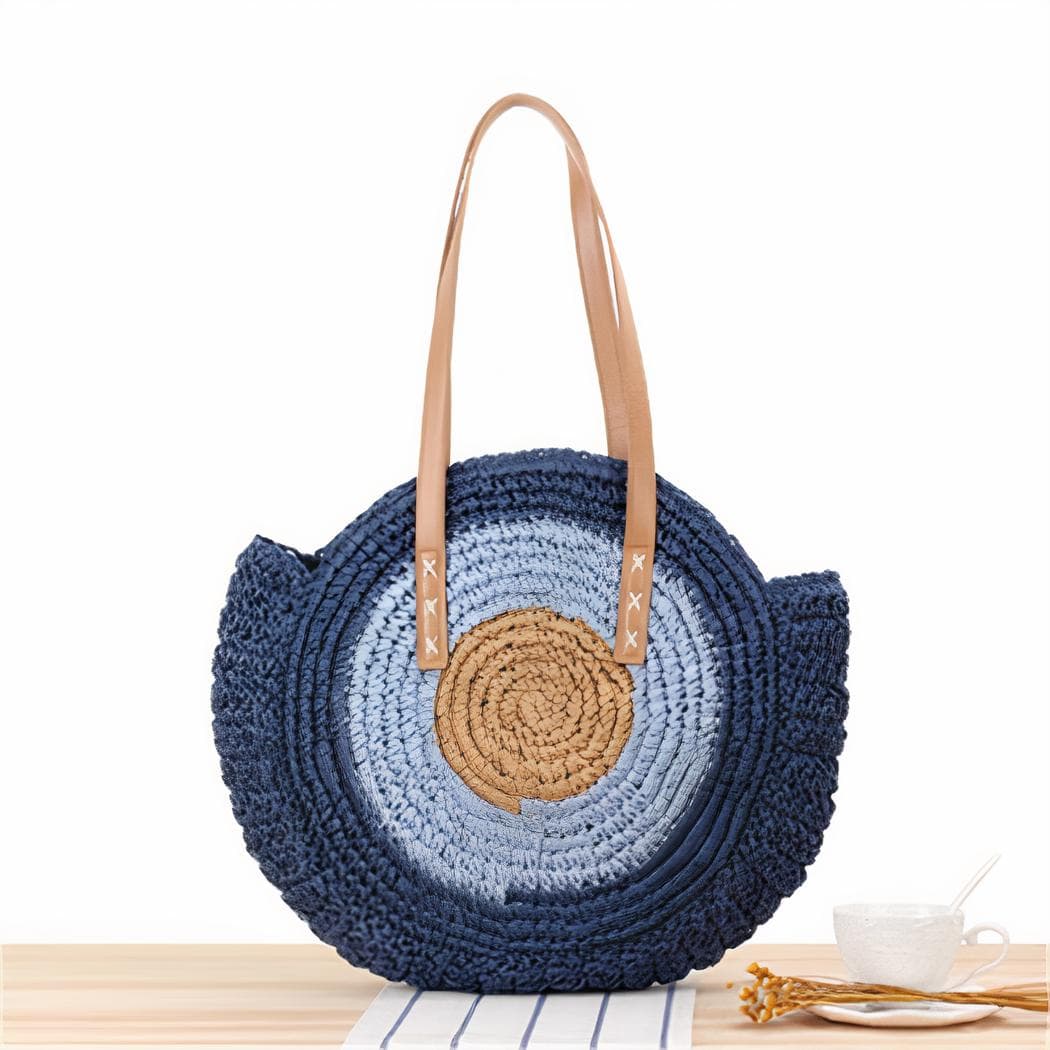 Sac de plage rond en paille tissée pour femme - bleu