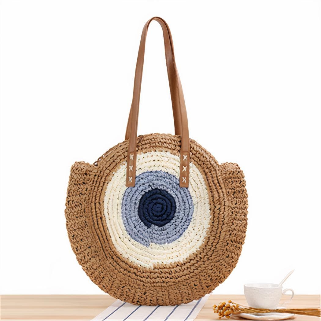 Sac de plage rond en paille tissée pour femme - marron