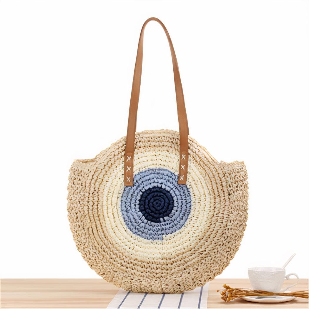 Sac de plage rond en paille tissée pour femme - beige