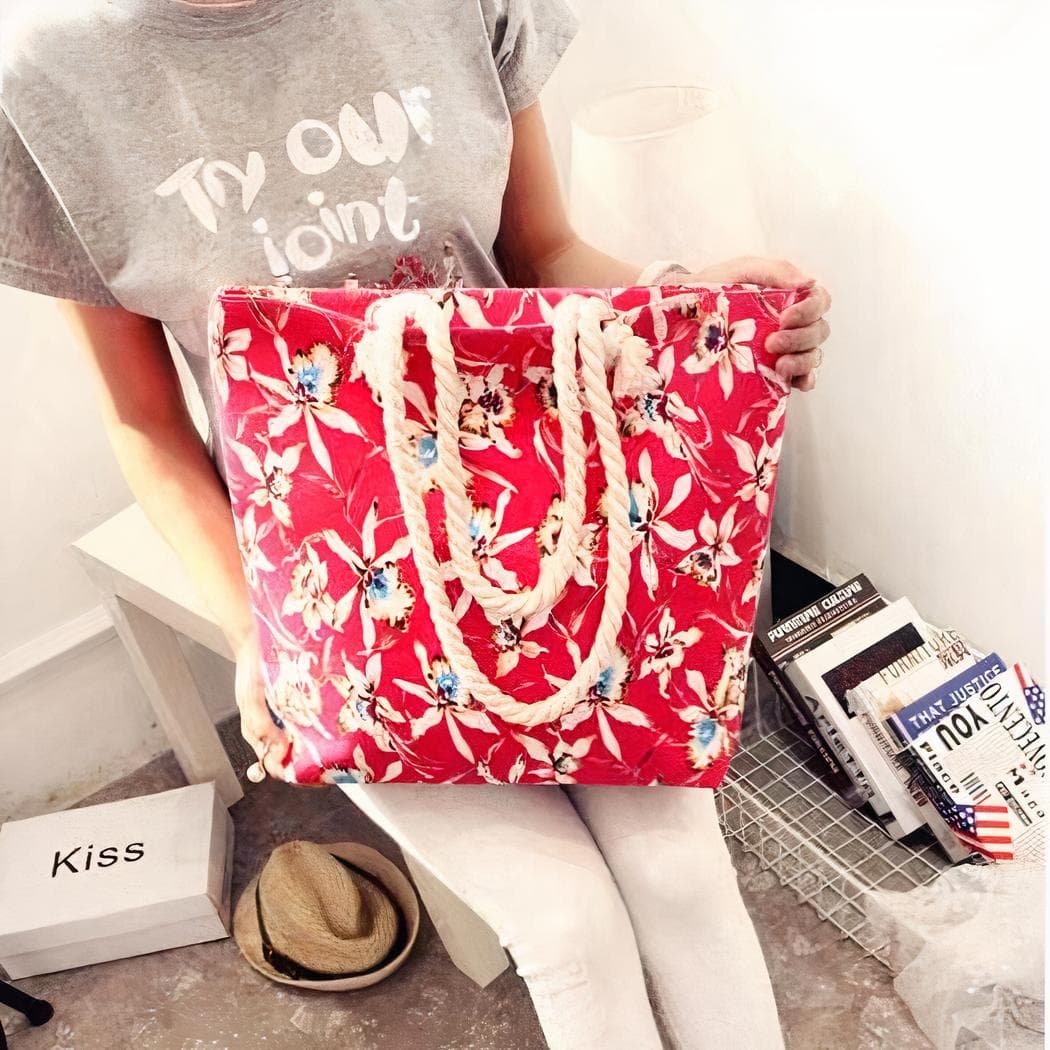 Sac cabas de plage floral pour femme - rouge