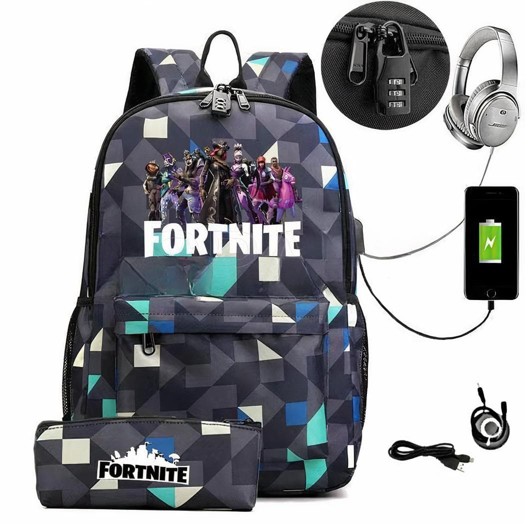 Sac à dos Fortnite avec trousse assortie et chargeur USB - multicolore