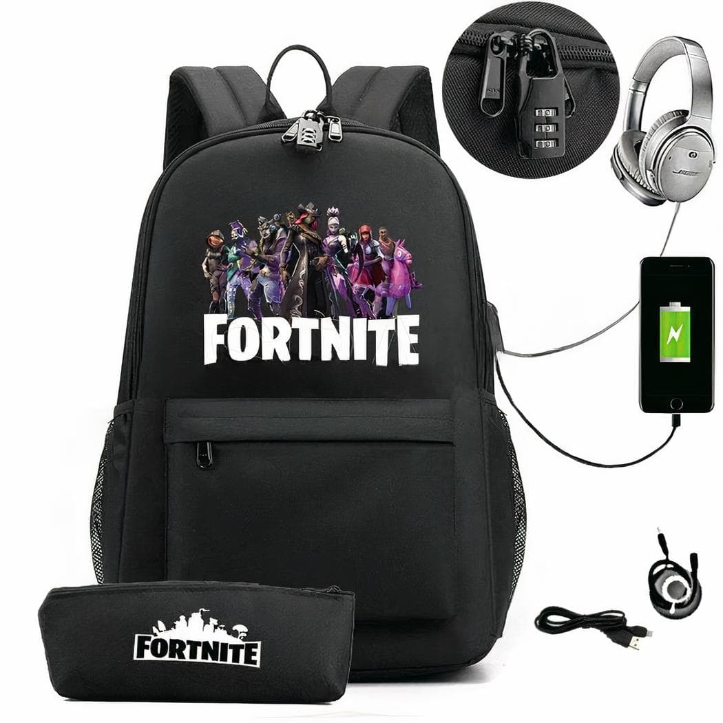 Sac à dos Fortnite avec trousse assortie et chargeur USB - noir