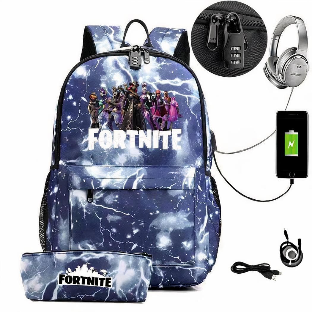 Sac à dos Fortnite avec trousse assortie et chargeur USB - bleu