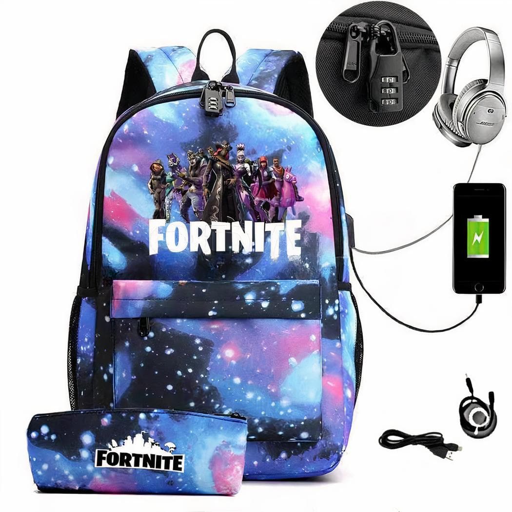 Sac à dos Fortnite avec trousse assortie et chargeur USB - rose