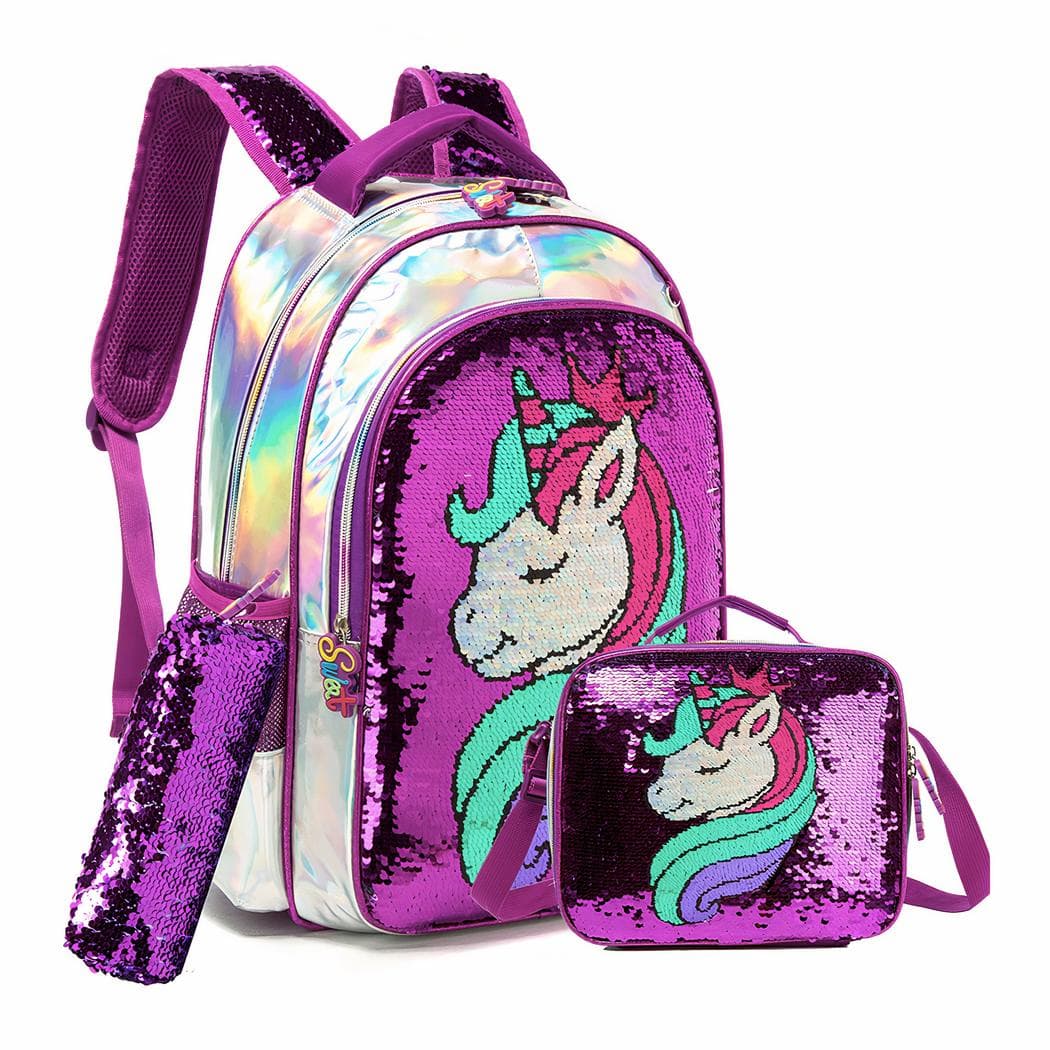 Cartable licorne brillant à paillettes et ses accessoires pour fille - violet