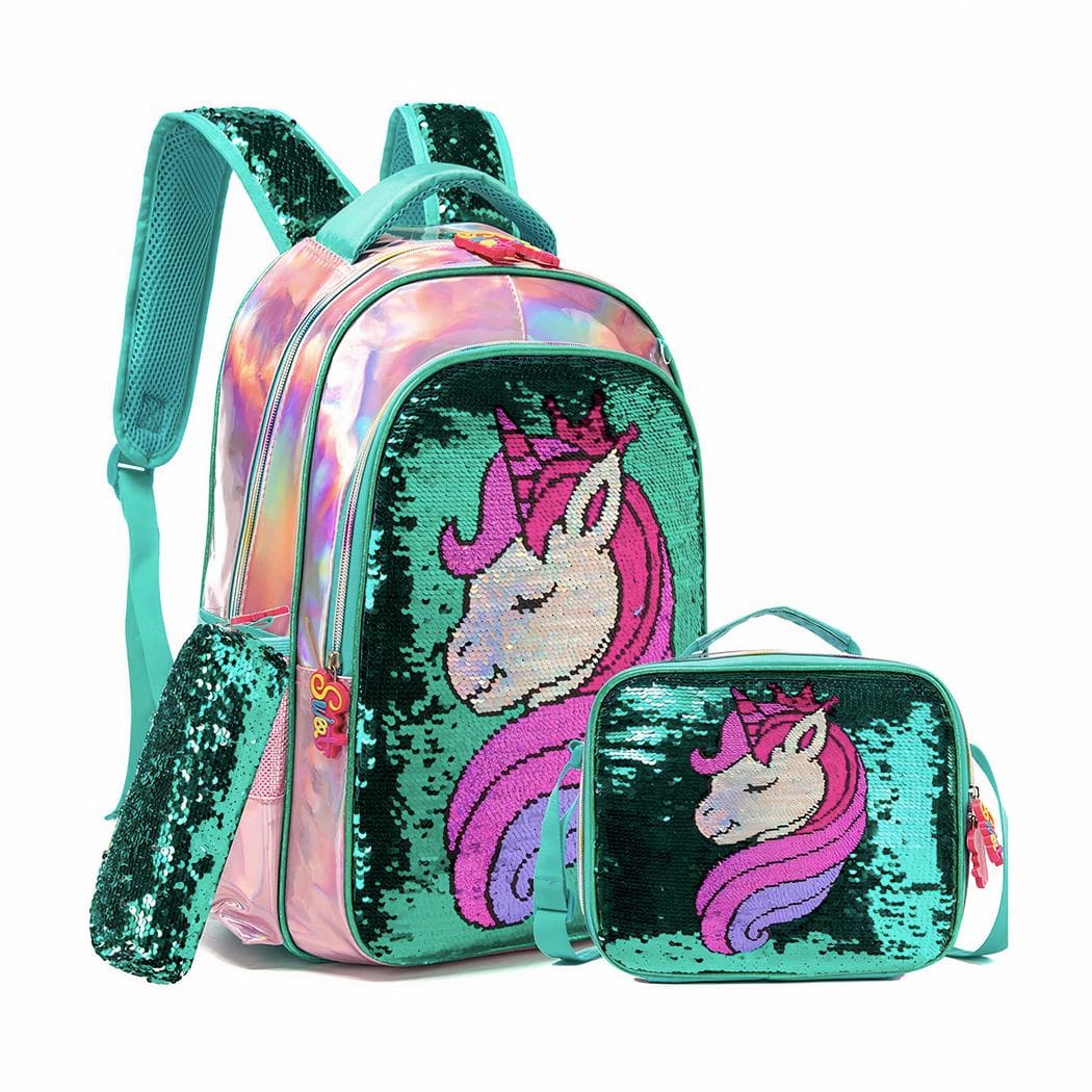 Cartable licorne brillant à paillettes et ses accessoires pour fille - vert