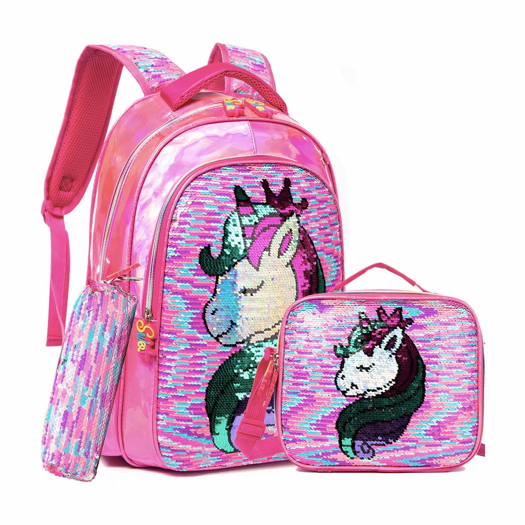 Cartable licorne brillant à paillettes et ses accessoires pour fille - rose