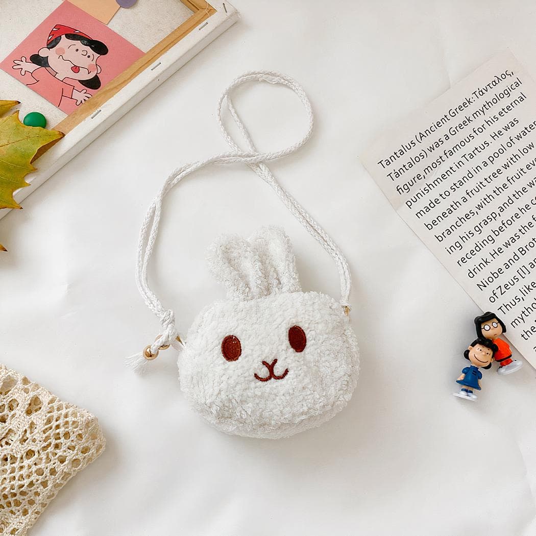 Petit sac à bandoulière en forme de petite tête de lapin en peluche - blanc