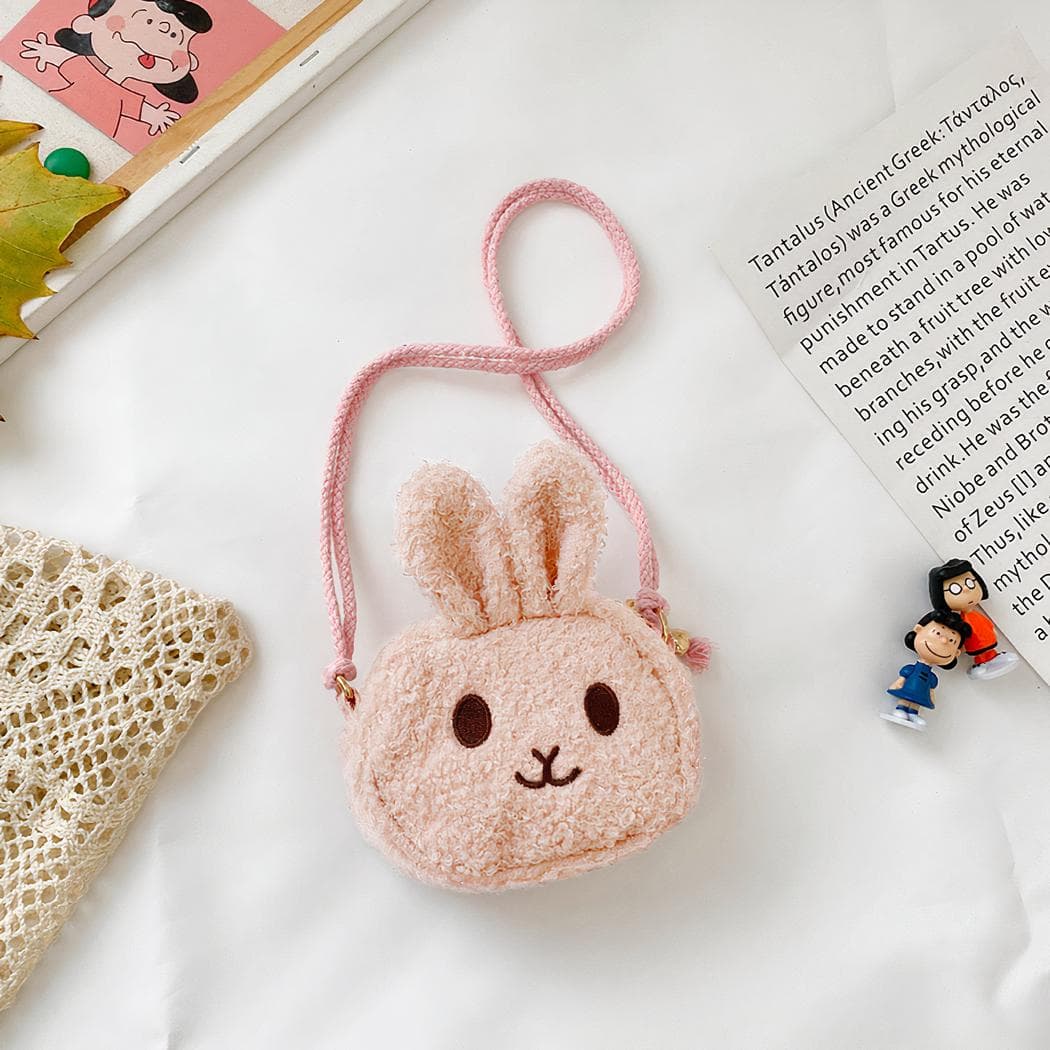 Petit sac à bandoulière en forme de petite tête de lapin en peluche - rose