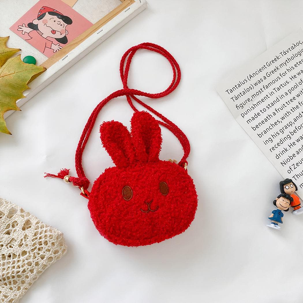 Petit sac à bandoulière en forme de petite tête de lapin en peluche - rouge