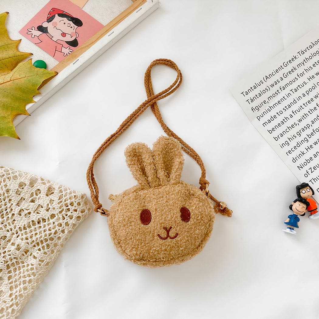 Petit sac à bandoulière en forme de petite tête de lapin en peluche - marron