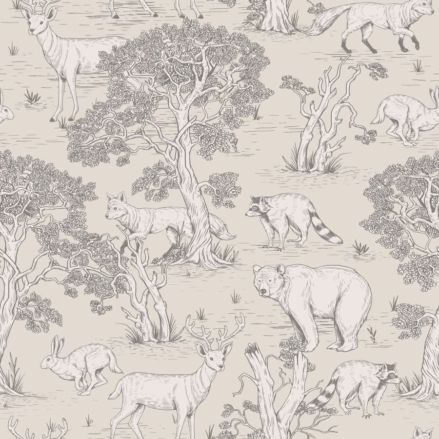 Papier peint Animaux de la forêt (ton beige)