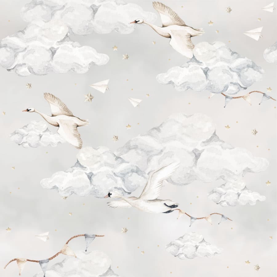 Papier peint cygnes fond bleu clair