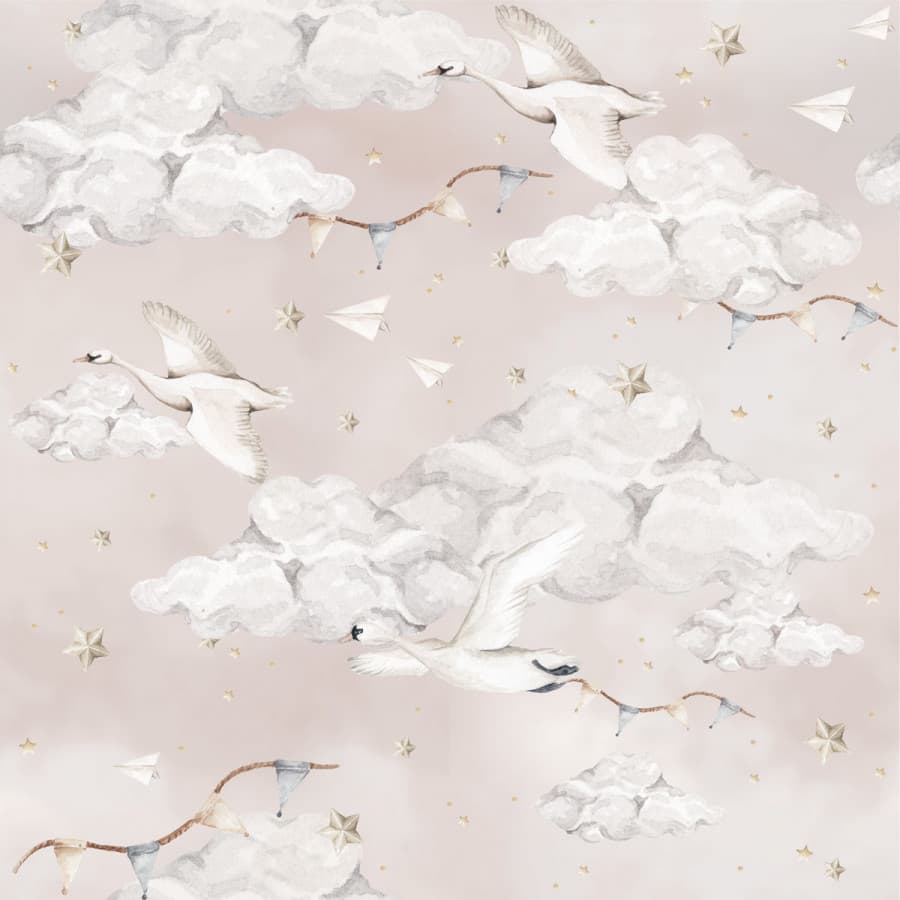 Papier peint cygnes fond rose
