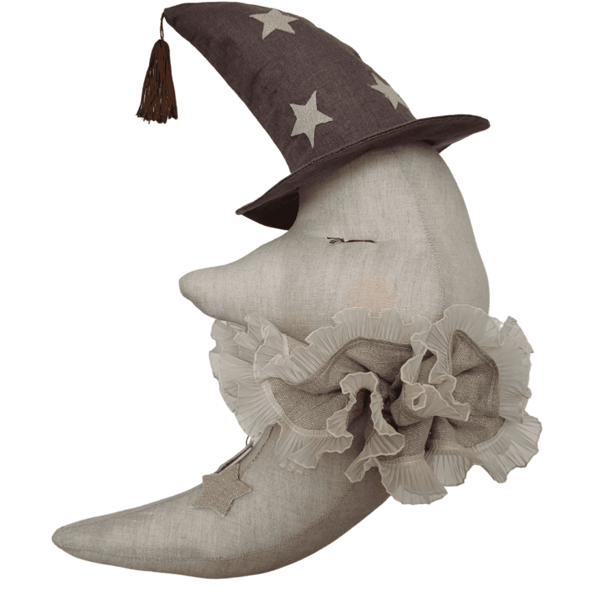 Lune en lin beige avec chapeau marron à suspendre
