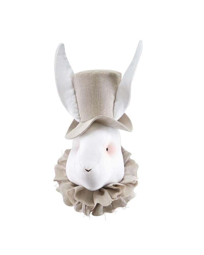 Trophée lapin en lin avec chapeau beige clair