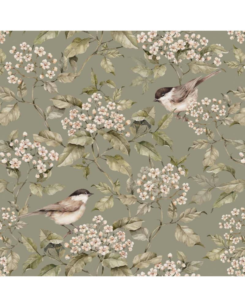 Echantillon papier peint oiseaux et printemps vert
