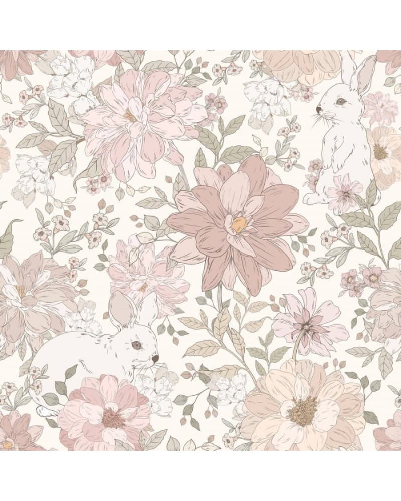 Papier peint  enfant lapins et fleurs roses