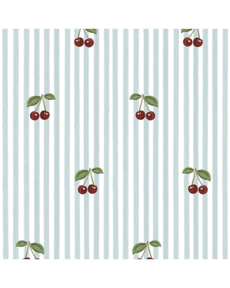 Papier peint enfant à rayures bleues avec cerises