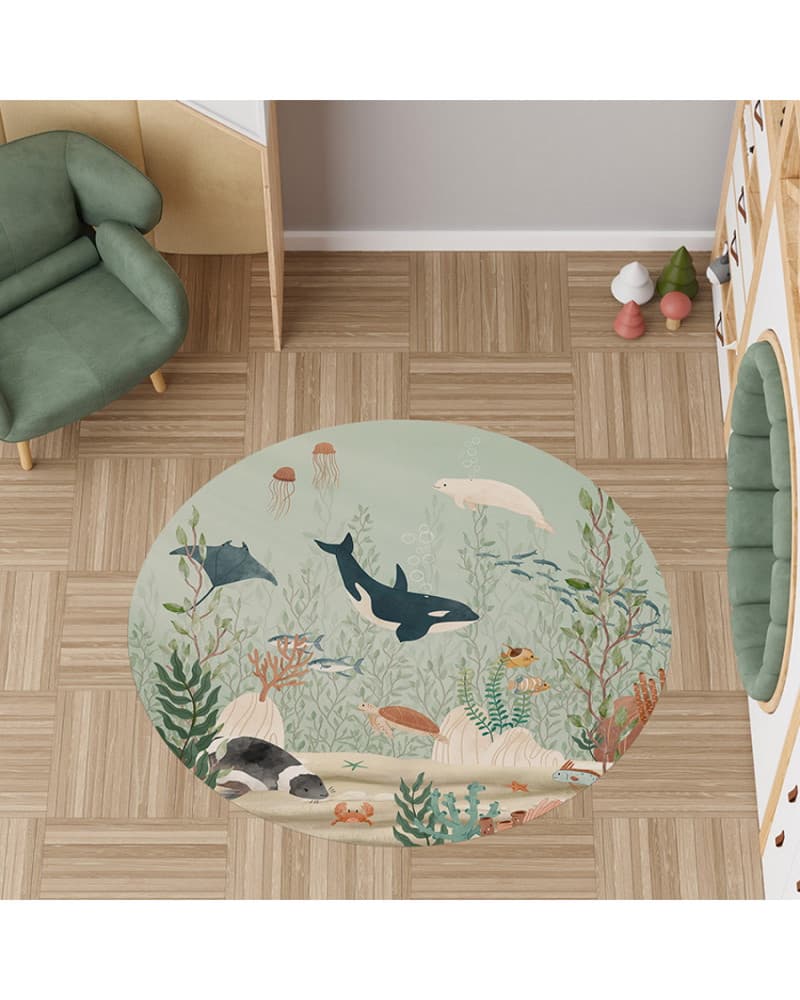 Tapis enfant rond en vinyl forêt sous-marine