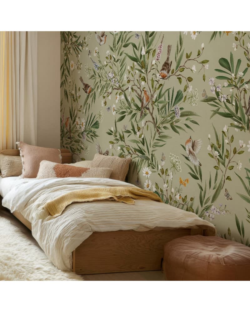 Papier peint enfant Playful Robins - Green