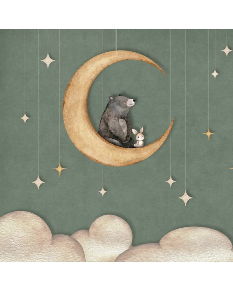Papier peint enfant -  Bear On The Moon Green