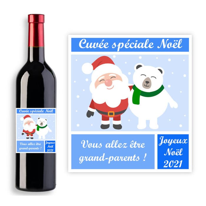 Étiquette bouteille personnalisable Père-Noël et ours