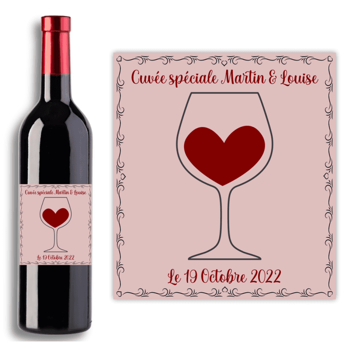 Étiquette bouteille de vin personnalisable modèle coeur