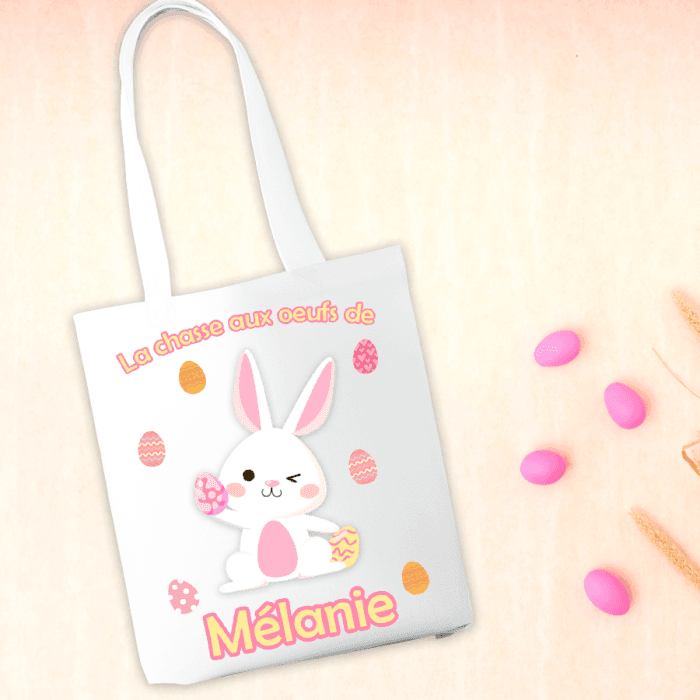 Tote bag personnalisable Pâques modèle lapin clin d'oeil