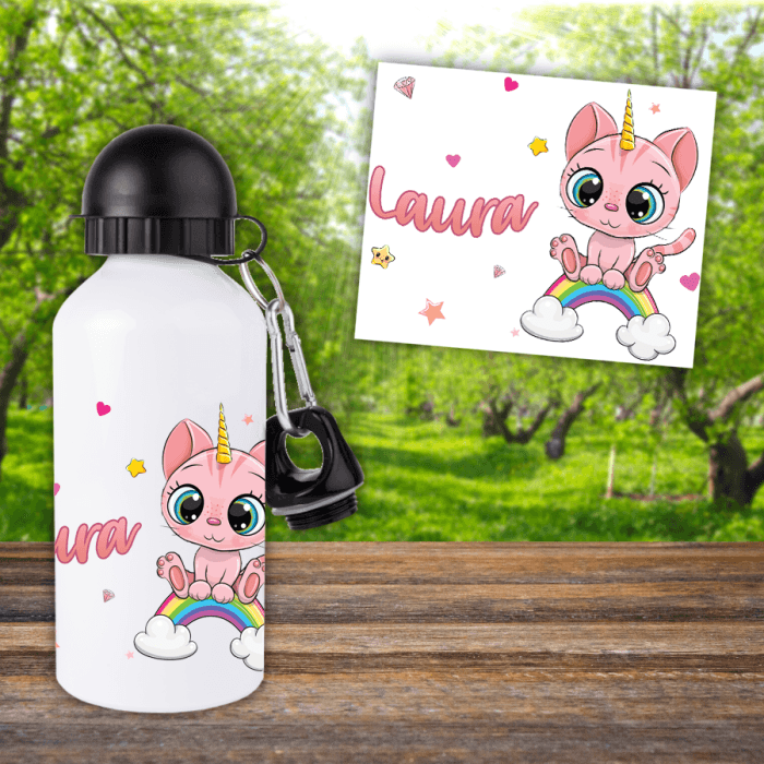 Gourde ou bouteille enfant personnalisée modèle chaton rose