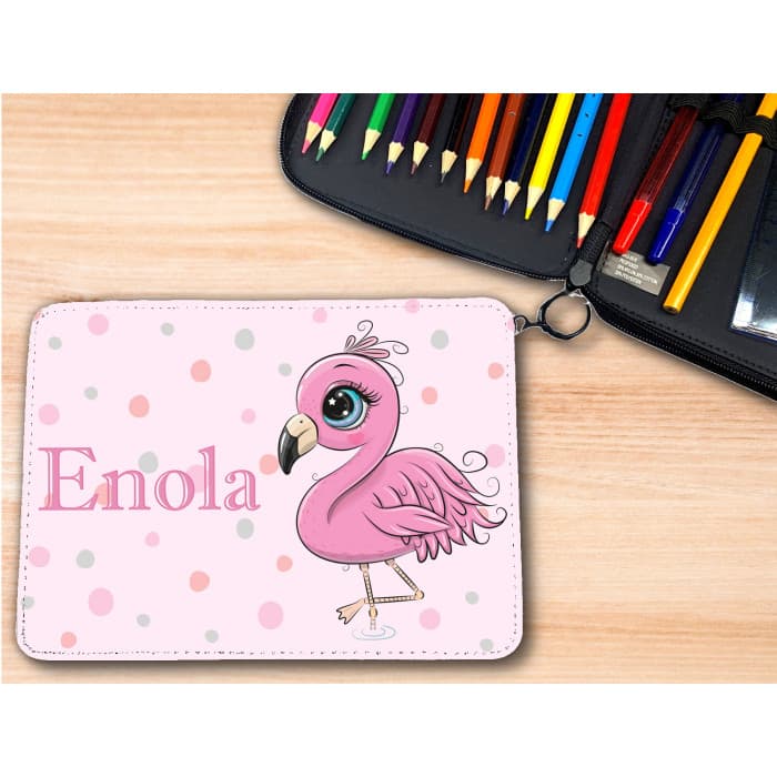 Trousse personnalisable remplie de crayons modèle flamant rose