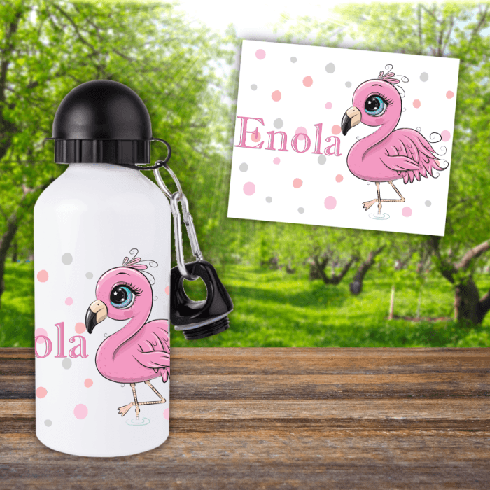 Gourde ou bouteille enfant personnalisée modèle flamant rose pâle