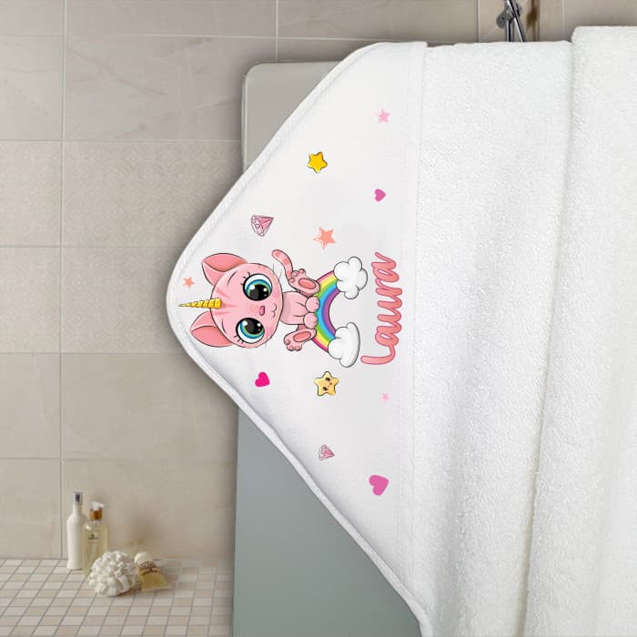 Cape de bain en éponge personnalisable modèle chaton rose
