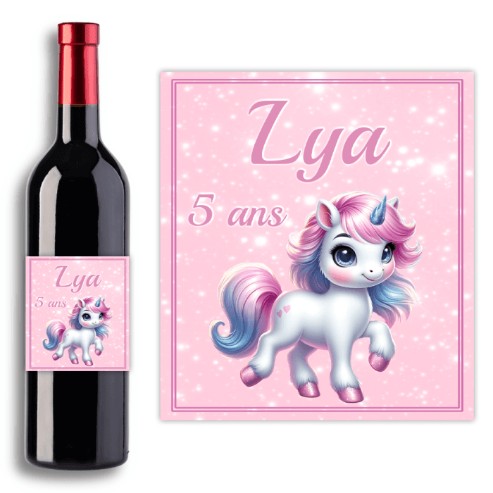 Étiquette bouteille de vin personnalisable licorne