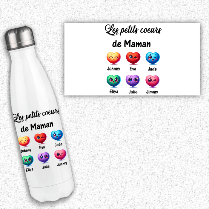 Bouteille isotherme personnalisable avec coeurs et prénoms