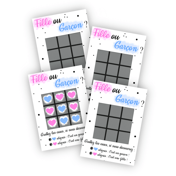 Lot de 4 cartes à gratter morpion garçon – Annonce originale du sexe de bébé