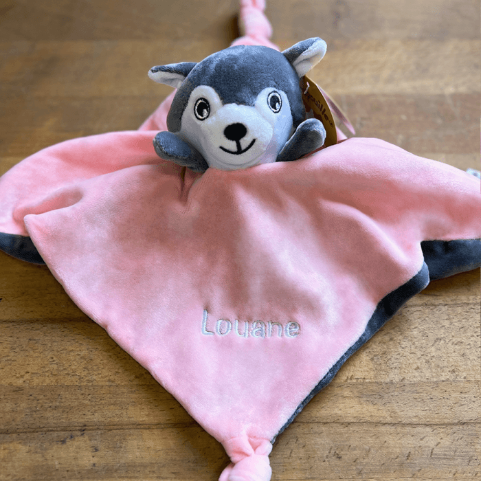 Doudou brodé avec prénom husky rose