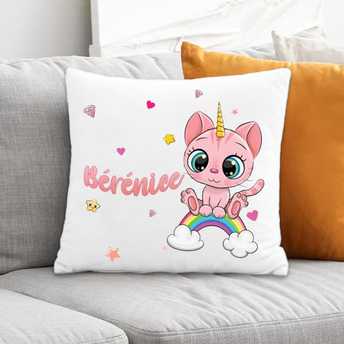 Coussin enfant personnalisé chaton rose