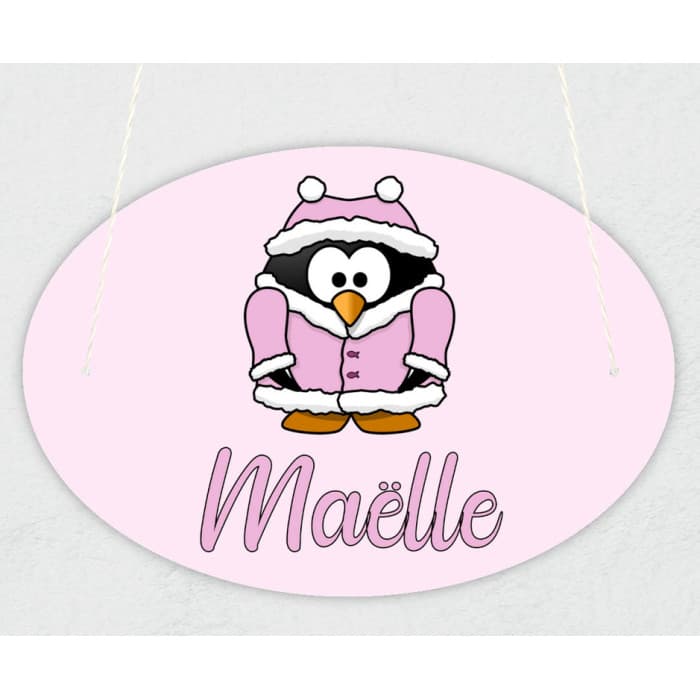 Plaque de porte personnalisable modèle pingouin rose