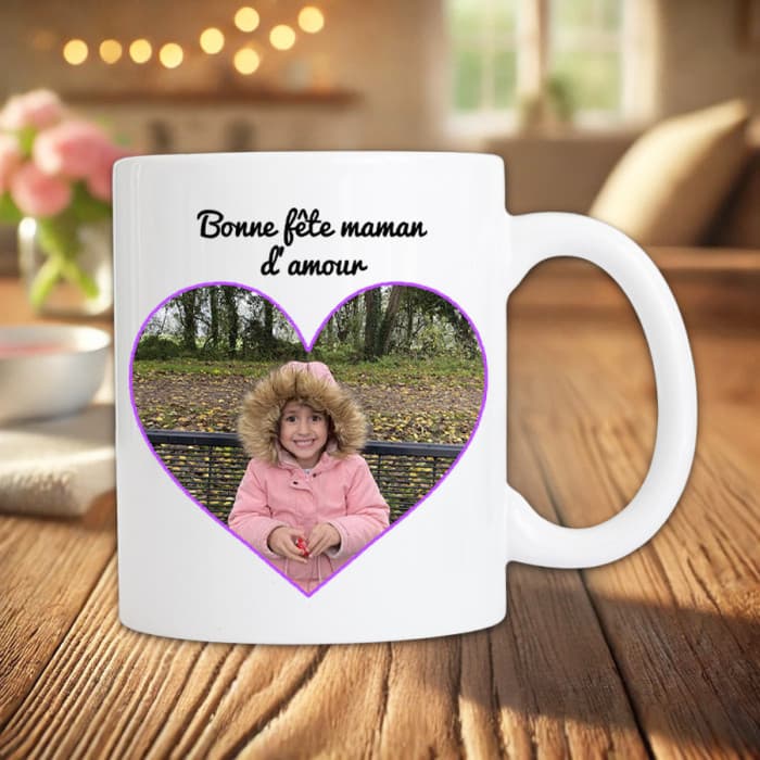 Mug Personnalisable avec Photo dans un Cœur Violet et Message