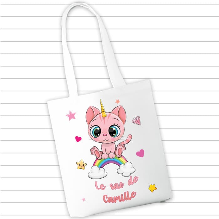 Sac à cahiers et livres personnalisé - Chaton rose & Prénom